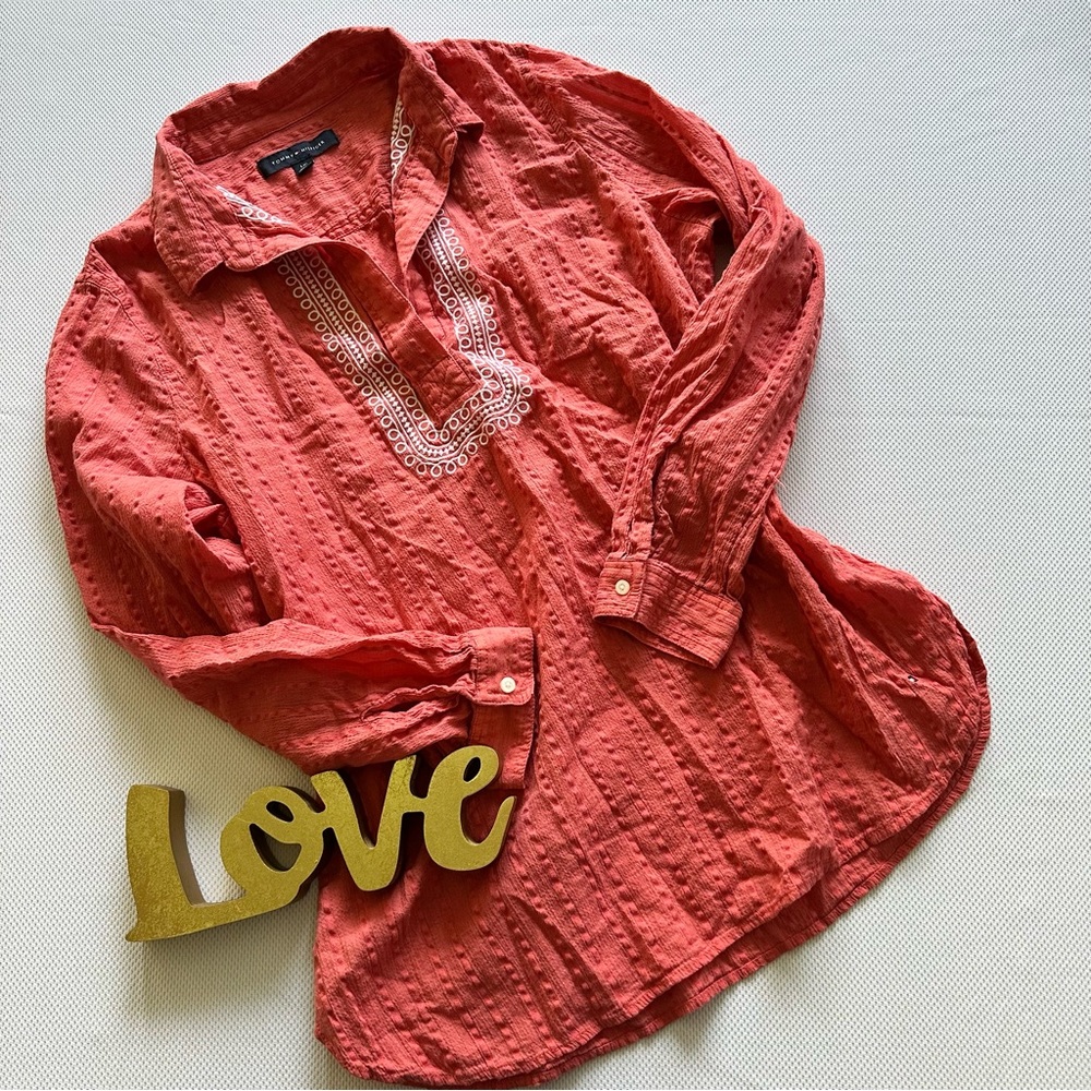 Tommy Hilfiger. Embroidered peach seersucker tunic with open collar